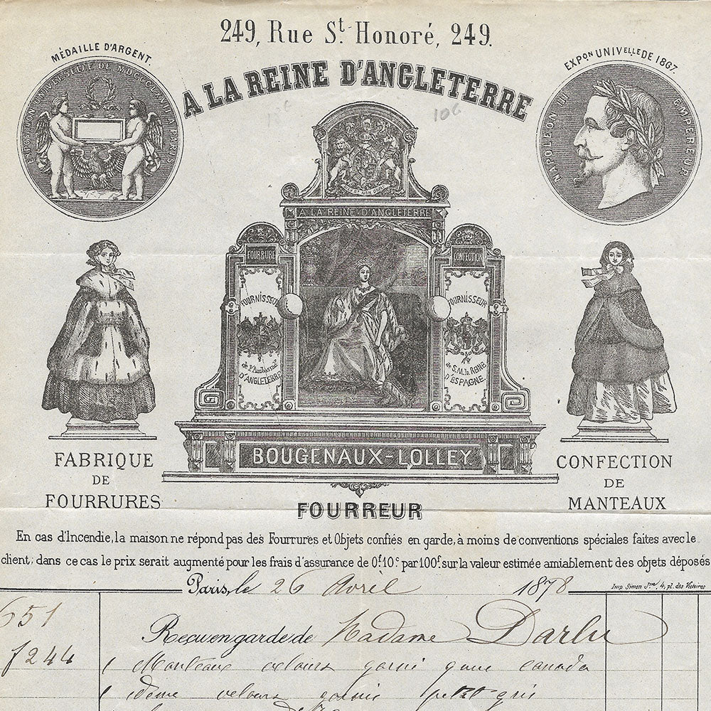 A la Reine d'Angleterre - Facture de la maison de fourrure, 249 rue Saint-Honoré à Paris (1878)
