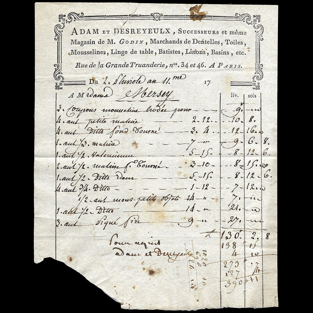 Adam et Desreyeulx - Facture du magasin de tissus, 34-36 rue de la Grande Truanderie à Paris (1803)