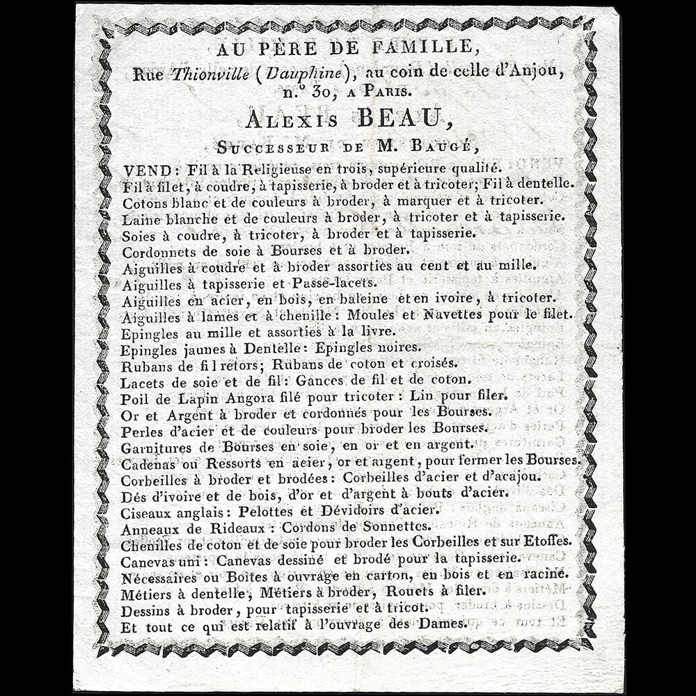 Au Père de Famille - Reçu de la maison 30 rue Thionville à Paris (circa 1810-1820)