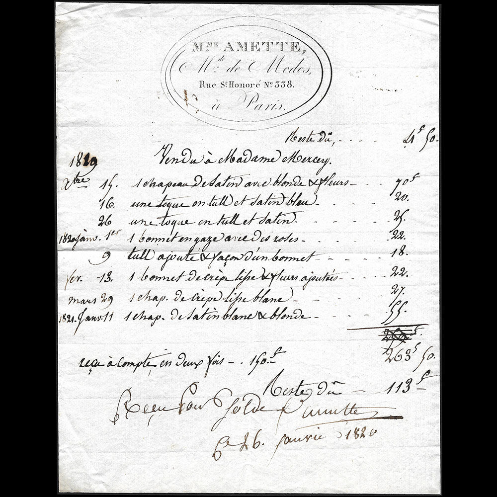 Mme Amette - Facture de la marchande de modes, 338 rue Saint-Honoré à Paris (1829)