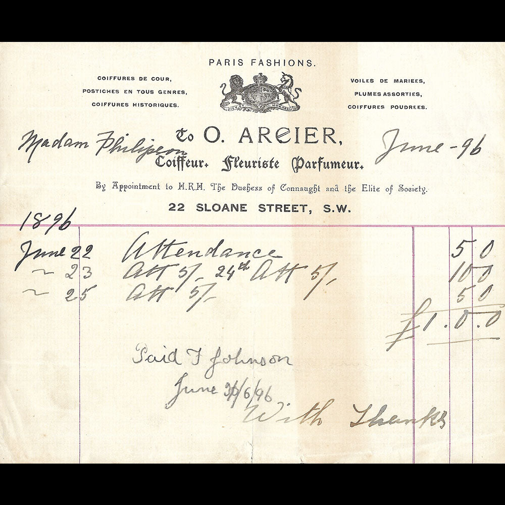 0. Arcier - Facture du coiffeur, 22 Sloane Street, London (1896)