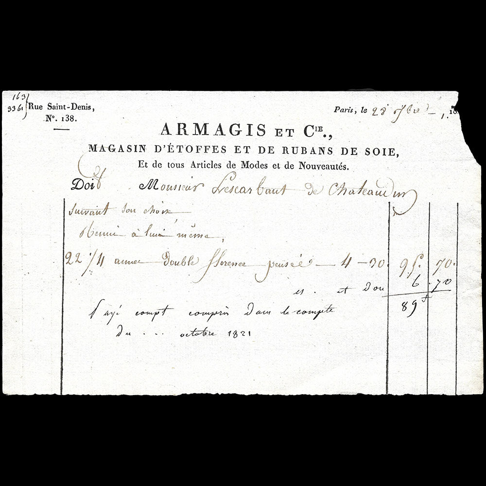 Armagis et Cie - Facture du magasin d'étoffes et de rubans de soie, 138 rue Saint-Denis à Paris (1821)