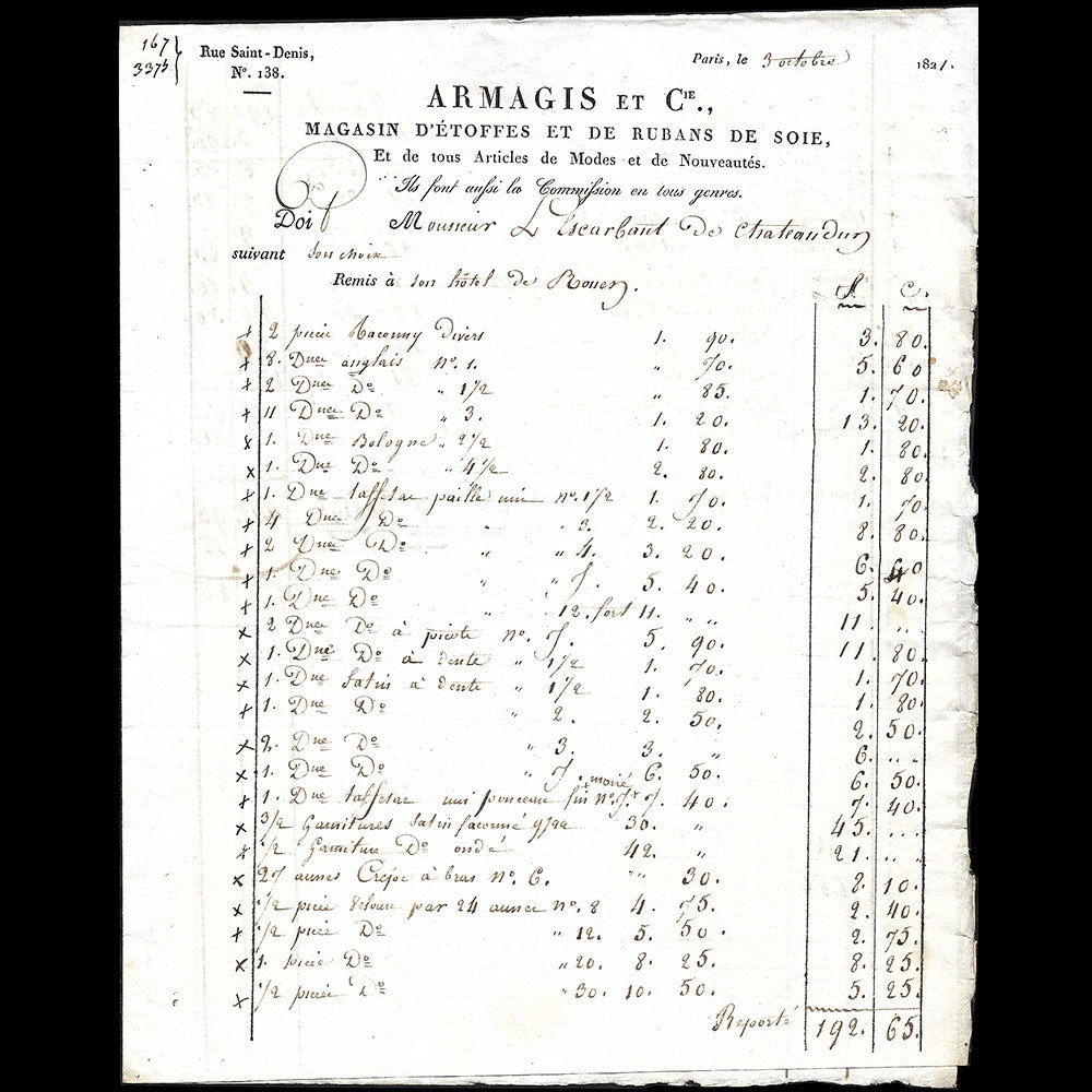 Armagis et Cie - Facture du magasin d'étoffes et de rubans de soie, 138 rue Saint-Denis à Paris (1821)
