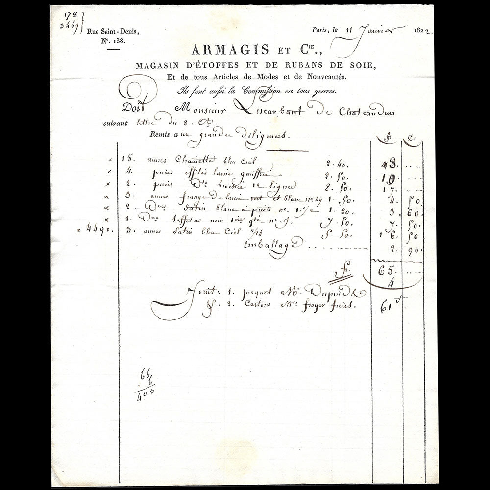 Armagis et Cie - Facture du magasin d'étoffes et de rubans de soie, 138 rue Saint-Denis à Paris (1822)