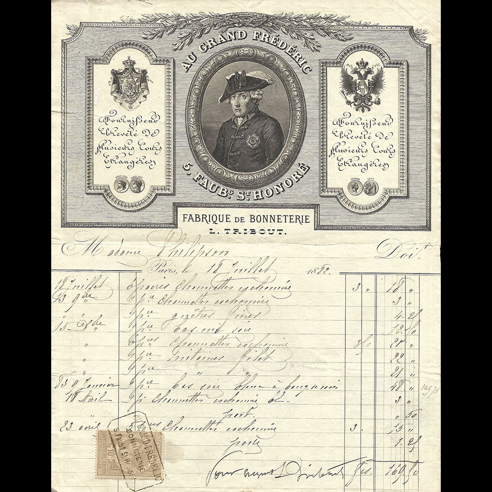 Au Grand Frédéric - Facture de la maison de bonneterie, 5 Faubourg Saint-Honoré à Paris (1882)