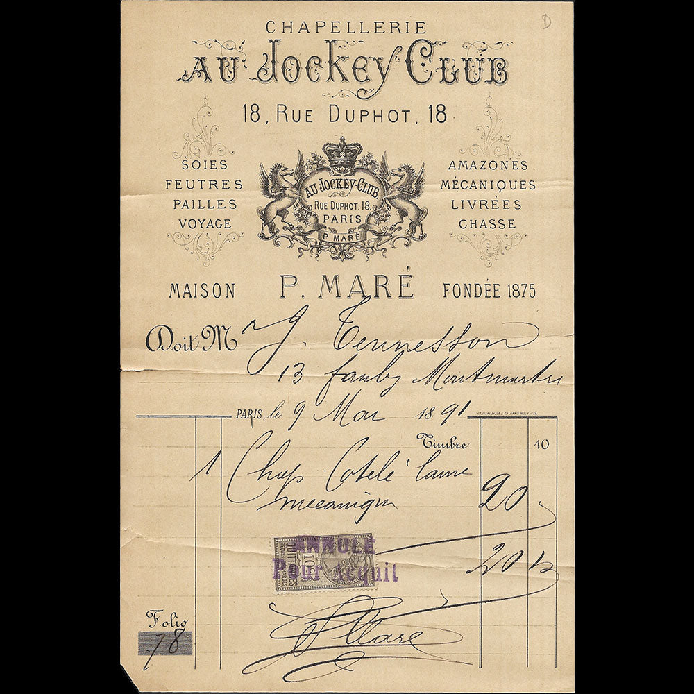 Au Jockey Club - Facture de la chapellerie, 18 rue Duphot à Paris (1891)