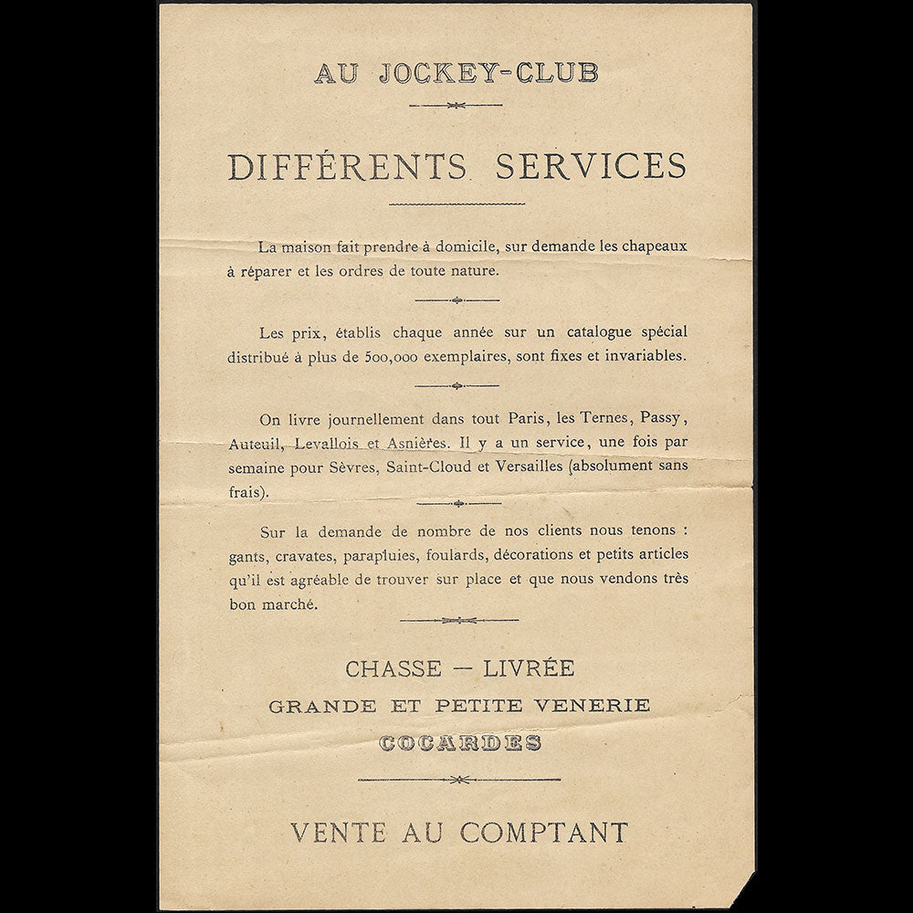 Au Jockey Club - Facture de la chapellerie, 18 rue Duphot à Paris (1891)
