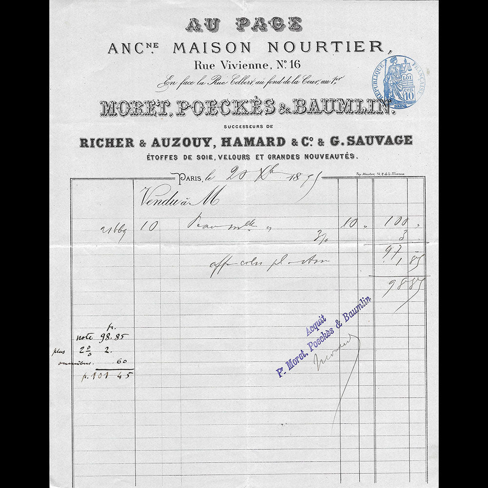 Au Page - Facture de la maison de tissus, 16 rue Vivienne à Paris (1899)