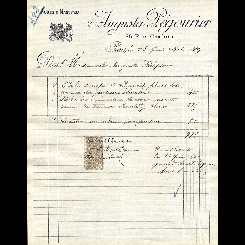 Augusta Pegourier - Facture de la maison de couture, 26 rue Cambon à Paris (1902)