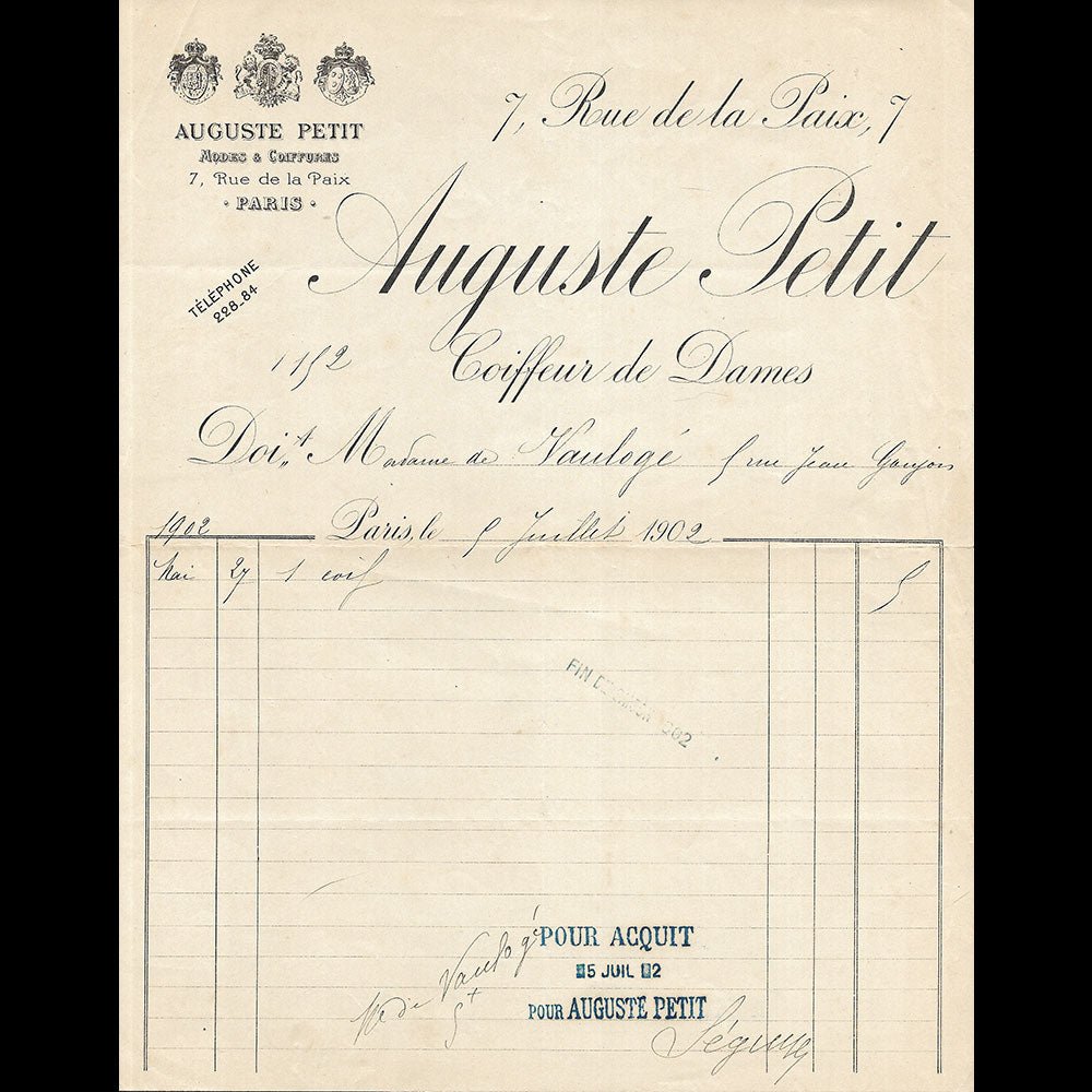 Auguste Petit - Facture du coiffeur, 7 rue de la Paix à Paris (1902)