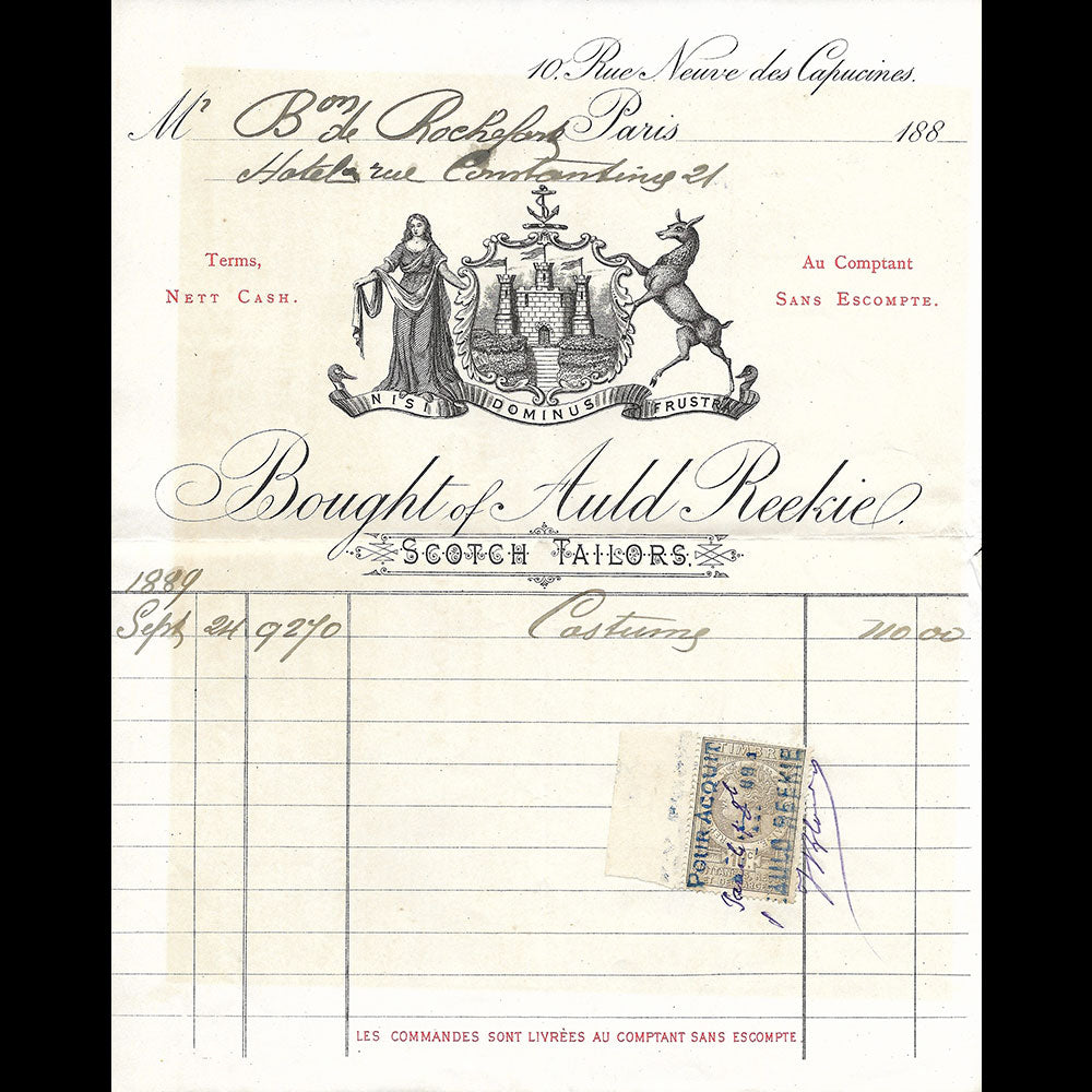 Facture du tailleur écossais Auld Reekie, 10 rue Neuve des Capucines à Paris (1889)