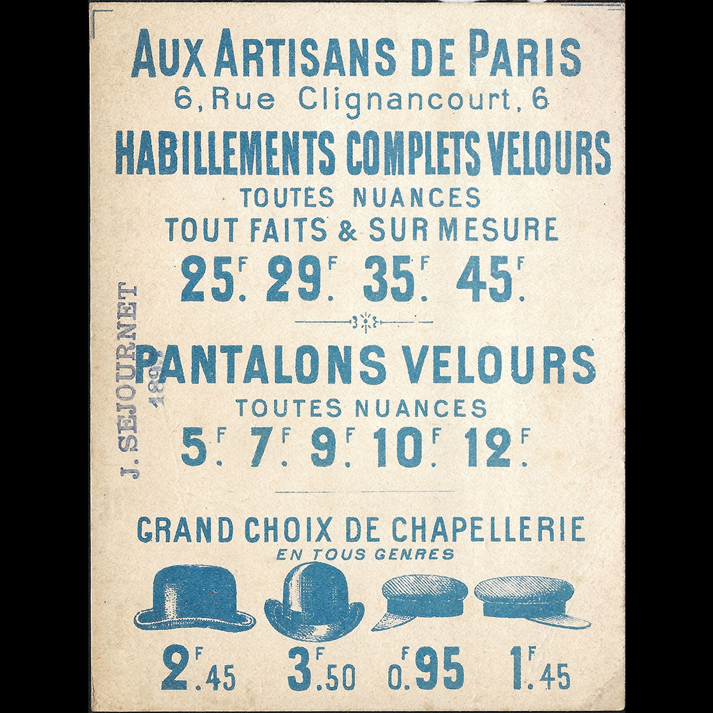 Aux Artisans de Paris - Carte de la maison de vêtements de travail, 6 rue Clignancourt à Paris (1896)