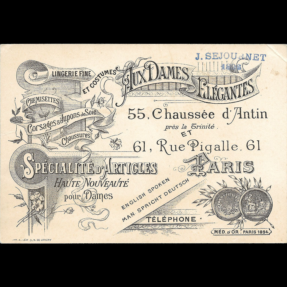 Aux Dames Elégantes - Carte du magasin de nouveautés, 55 chaussée d'Antin à Paris (1896)