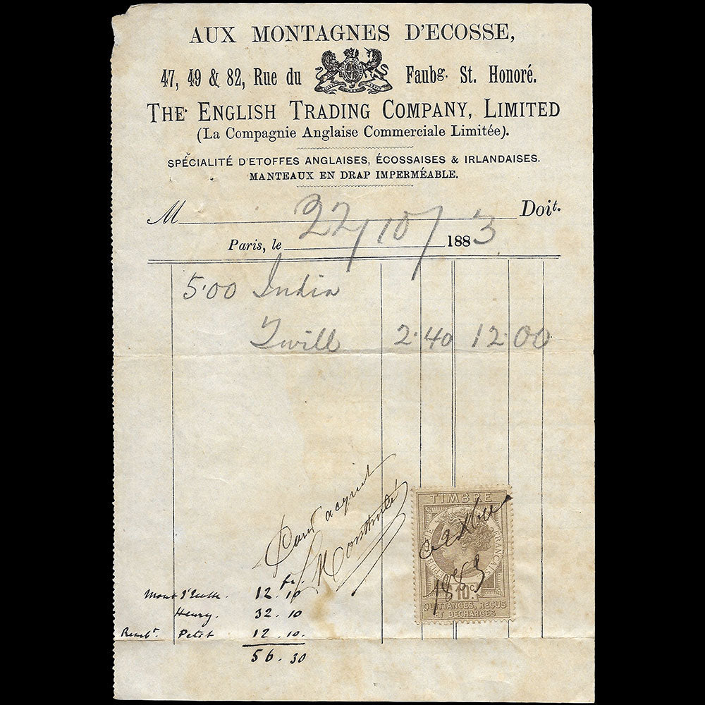 Aux Montagnes d'Ecosse - Facture du tailleur, 47-49 rue du Faubourg Saint-Honoré à Paris (1883)