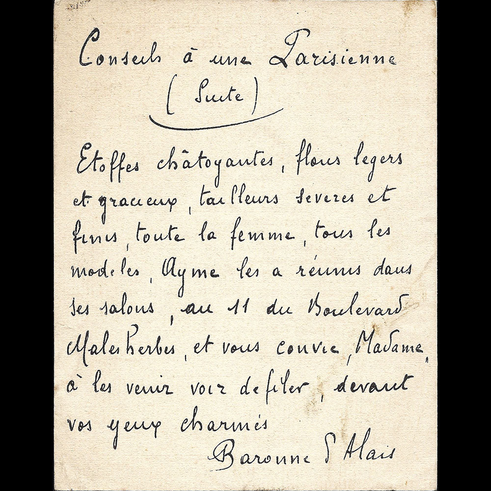 Ayme - Conseils à une Parisienne, invitation de la maison de couture, 11 boulevard Malhersbes à Paris (1900s)