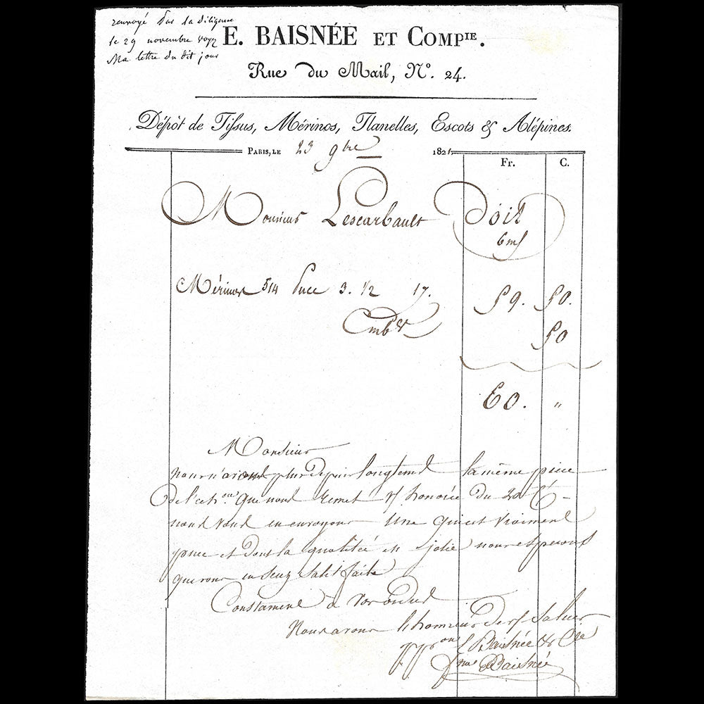 Baisnée et Cie - Facture du magasin de tissus, 24 rue du Mail à Paris (1821)