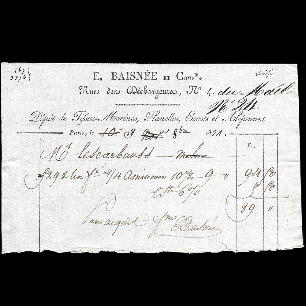 Baisnée et Cie - Facture du magasin de tissus, 24 rue du Mail à Paris (1821)