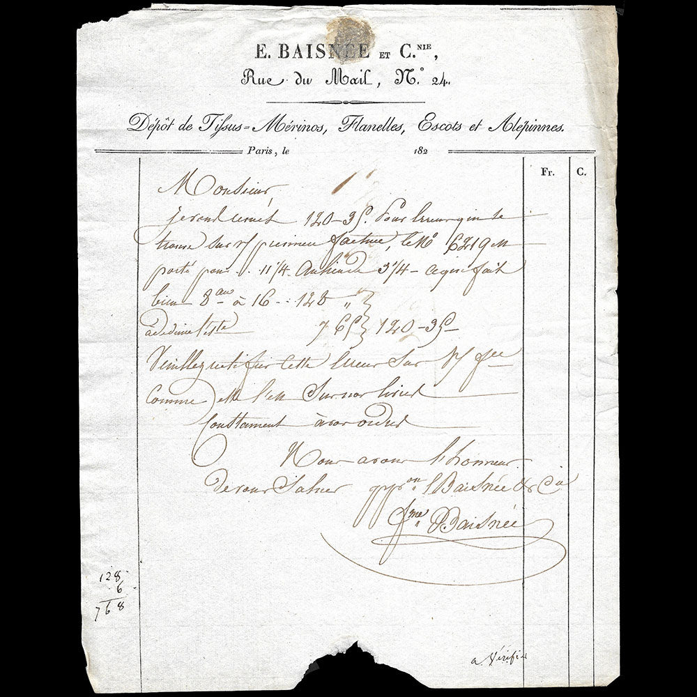 Baisnée et Cie - Facture du magasin de tissus, 24 rue du Mail à Paris (1821)