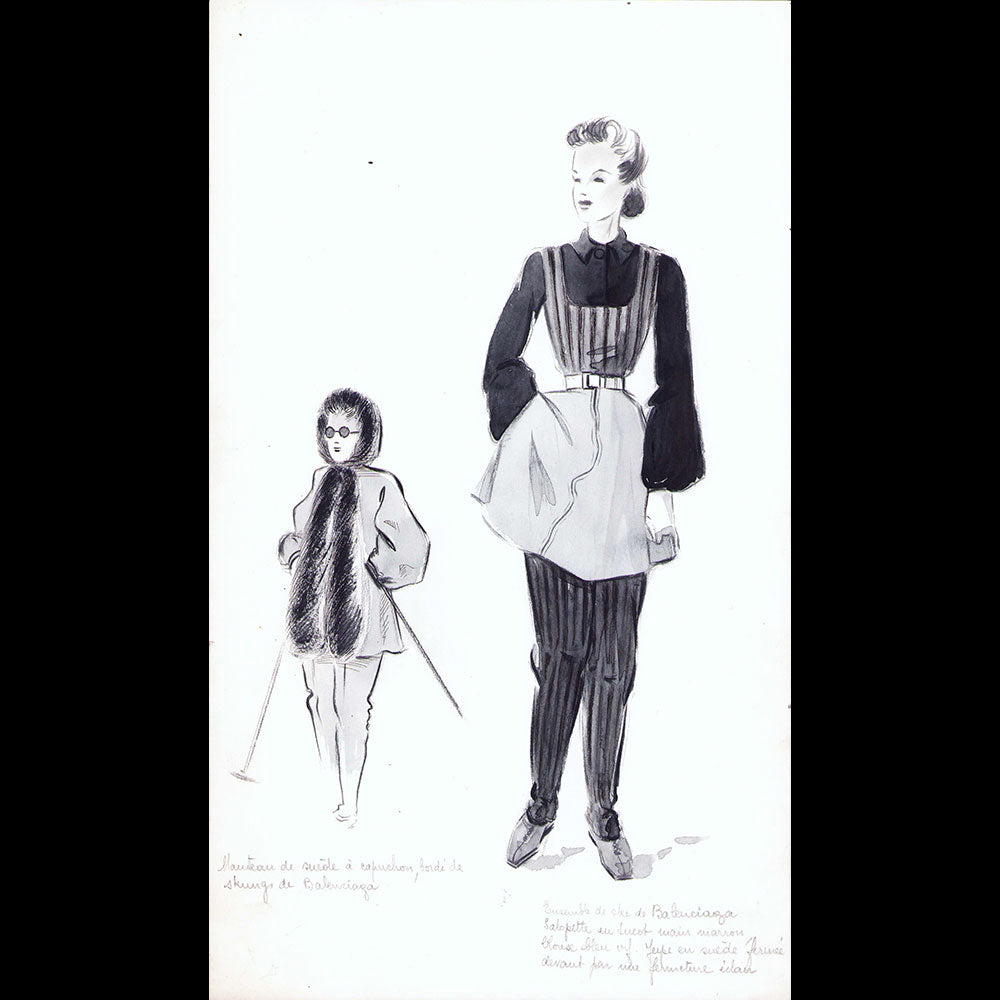 Balenciaga - Dessin d'un ensemble de ski et d'un manteau à capuchon (1938)