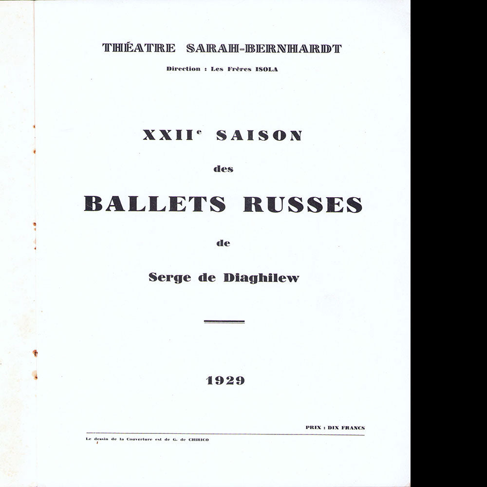 Ballets Russes - Programme de la XXIIème saison (1929), couverture de Chirico