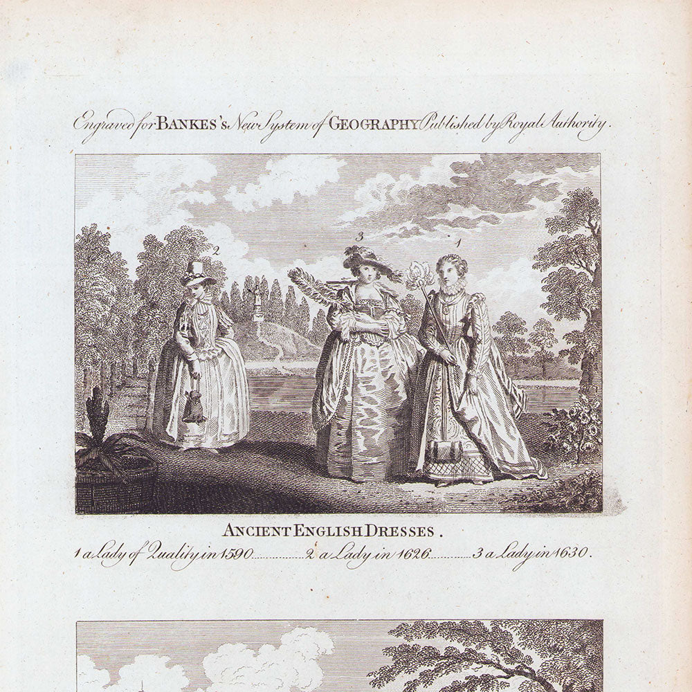 English Dresses, 1551, 1577, 1581, 1590, 1626 et 1630 - Bankes' New system of Geography (circa 1790)