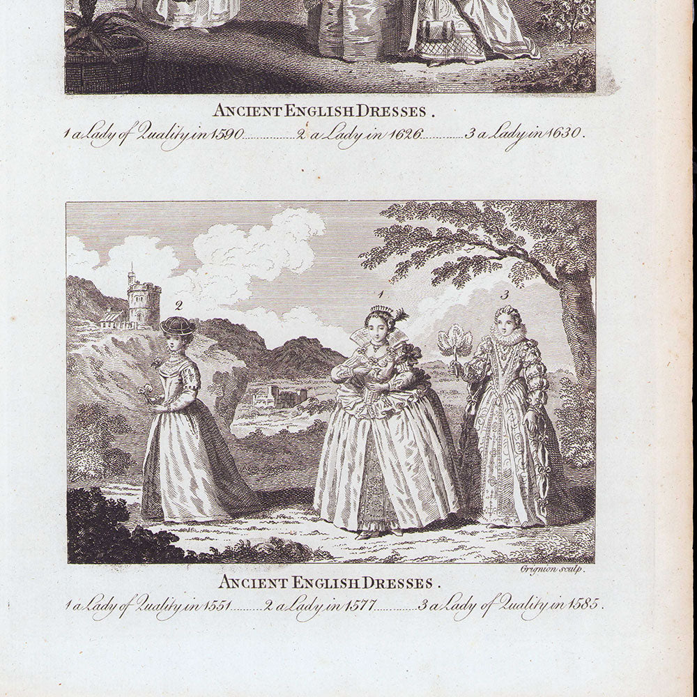 English Dresses, 1551, 1577, 1581, 1590, 1626 et 1630 - Bankes' New system of Geography (circa 1790)