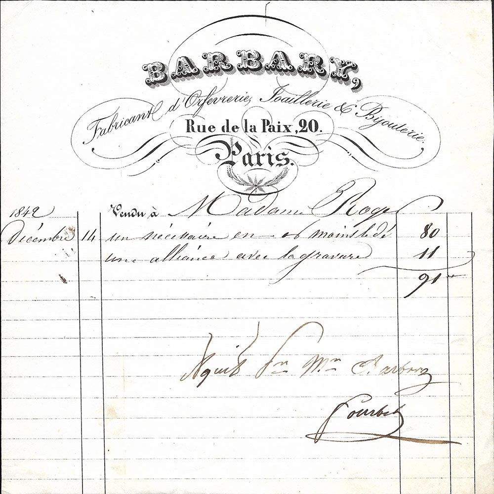 Barbary - Facture du fabricant d'orfèvrerie, joaillerie et bijouterie, 20 rue de la Paix à Paris (1842)