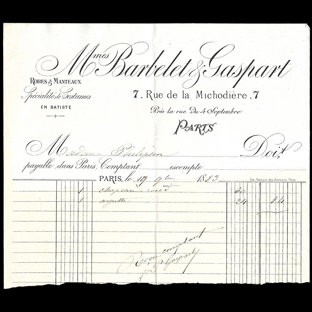 Barbelet & Gaspart - Facture de la maison de couture, 7 rue de la Michodière à Paris (1883)