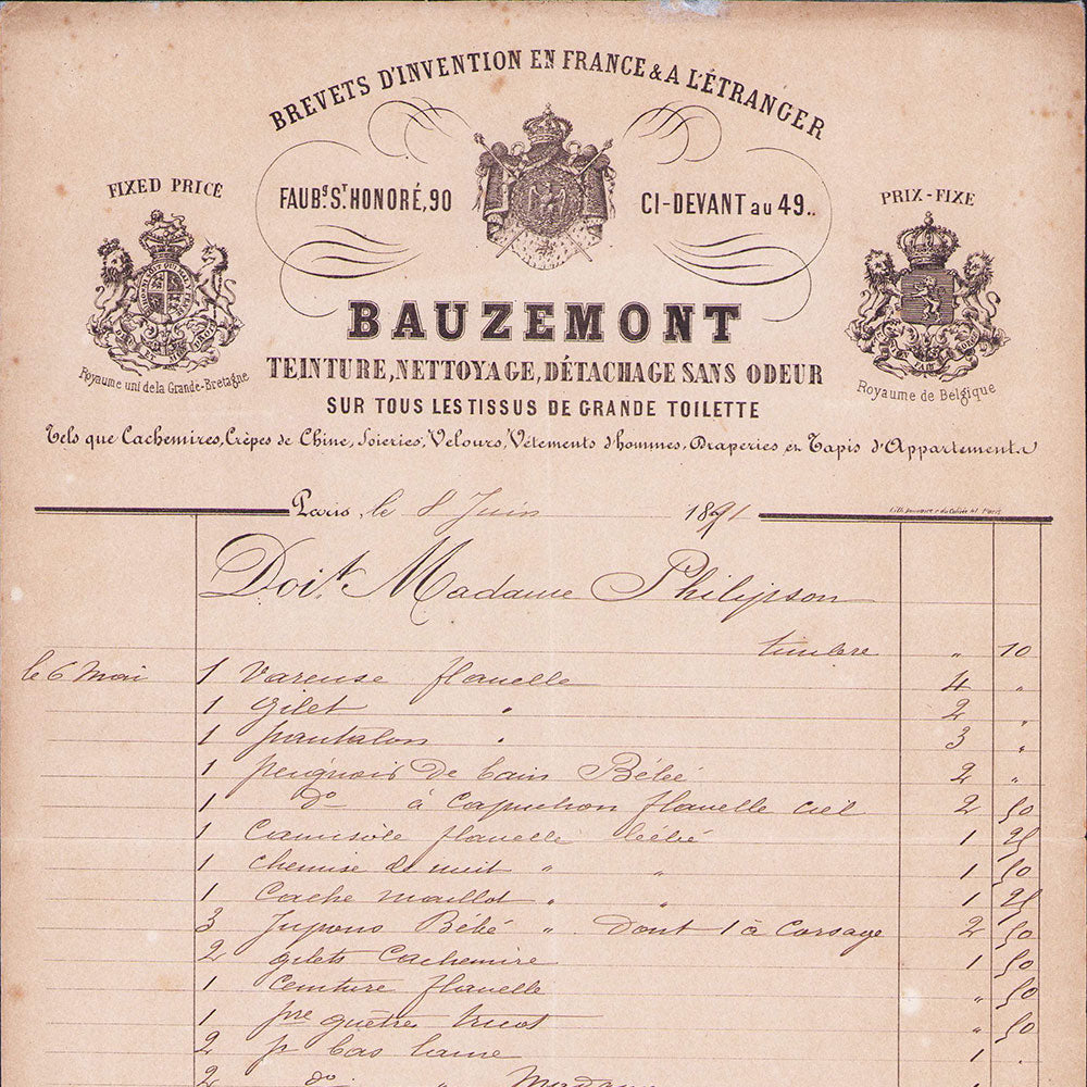 Bauzemont - Facture du teinturier, 90 Faubourg Saint-Honoré à Paris (1891)