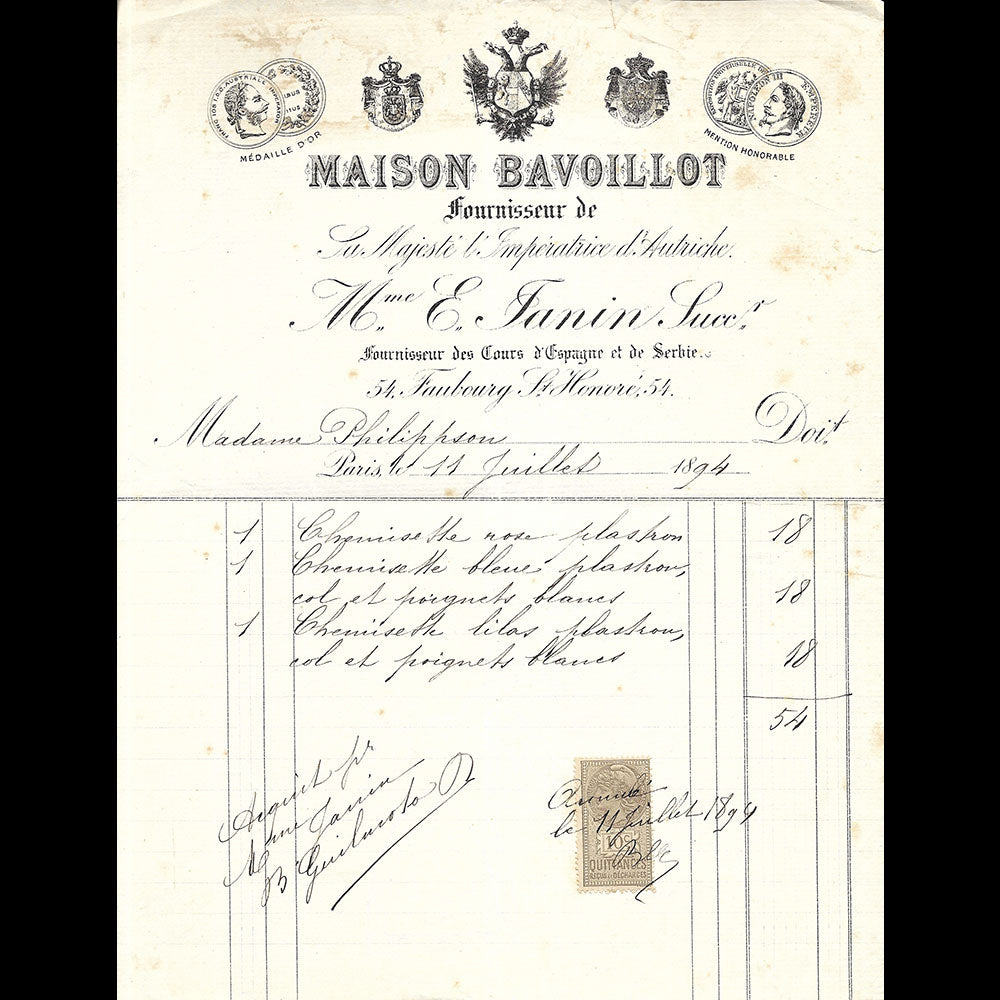 Bavoillot - Facture de la maison de couture, 54 Faubourg Saint-Honoré à Paris (1894)