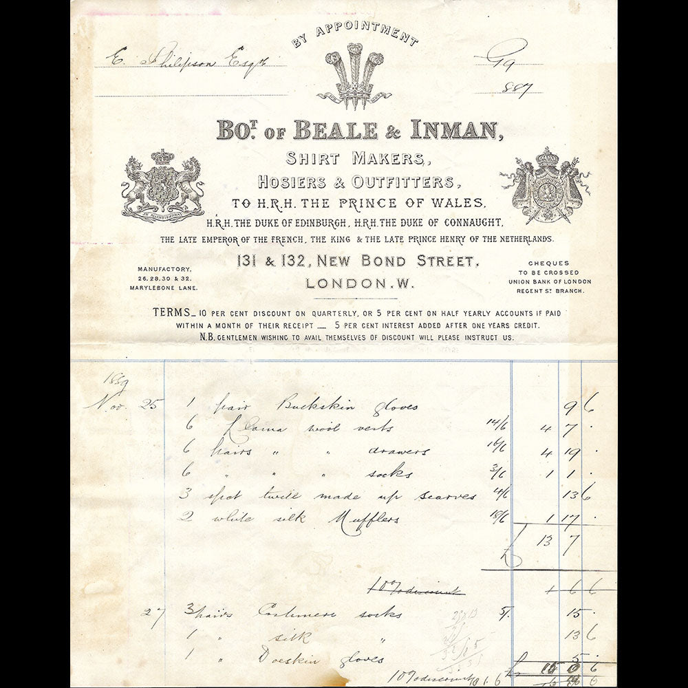 Beale & Inman - Facture du chemisier, 131 & 132 New Bond Street, London (1889)