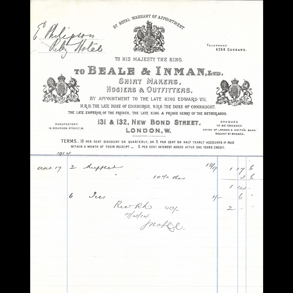 Beale & Inman - Facture du chemisier, 131 & 132 New Bond Street, London (1914)