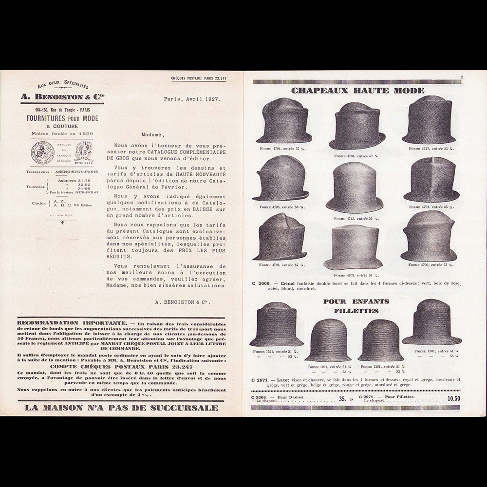 A. Benoiston & Cie - La Mode des deux spécialités, avril 1927, 164-166 rue du Temple à Paris