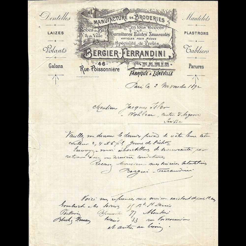 Bergier Ferrandini - Facture de la manufacture de broderies, 46 rue Poissonnière à Paris (1892)