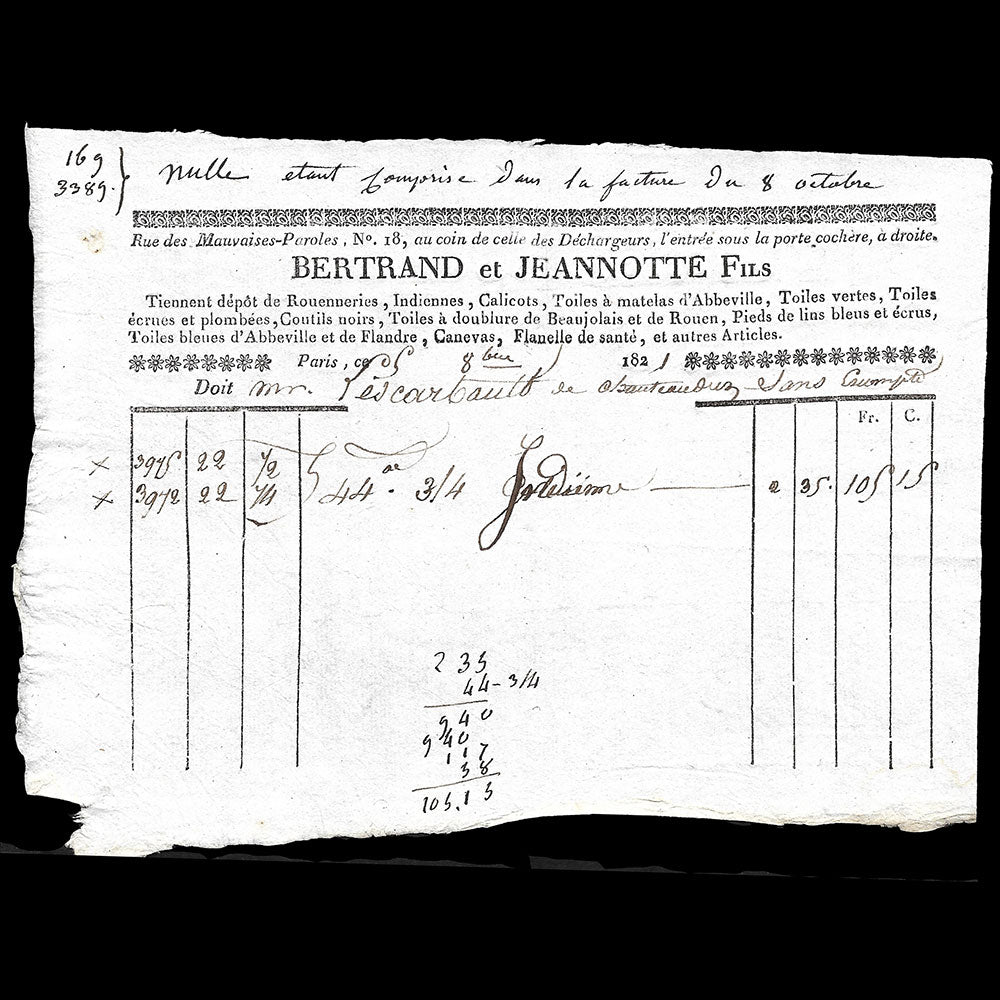 Bertrand et Jeannotte Fils - Facture du magasin de tissus, 18 rue des Mauvaises Paroles à Paris (1821)