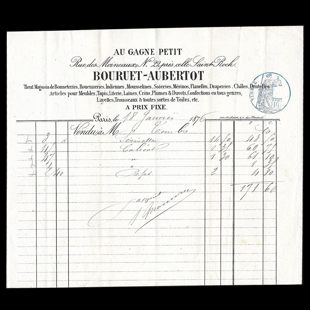 Bouruet-Aubertot - Facture du magasin de tissus Au Gagne Petit, 22 rue des Moineaux à Paris (1876)
