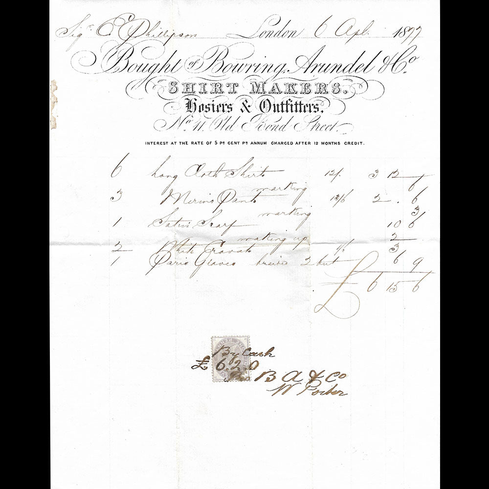 Bowring Arundel & Co - Facture du chemisier, 11 Old Bond Street, London (1899)