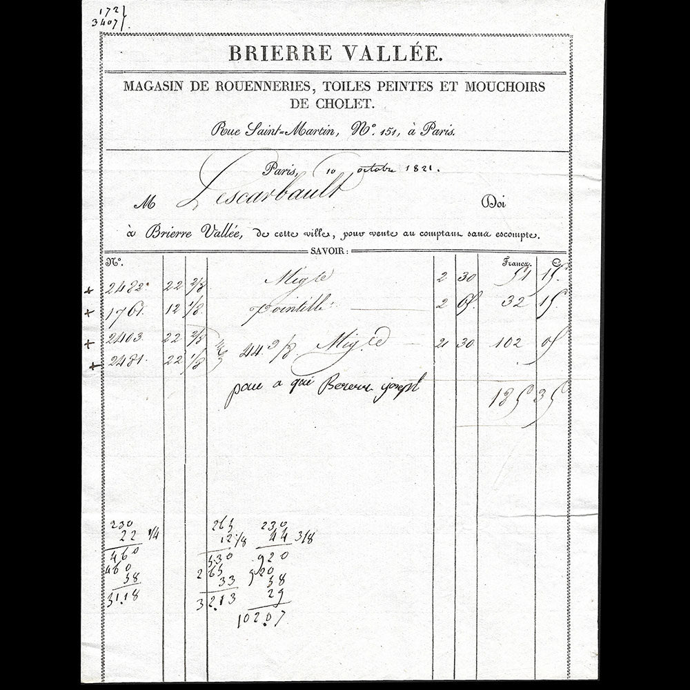 Brierre Vallée - Facture du magasin de tissus, 151 rue Saint-Martin à Paris (1821)