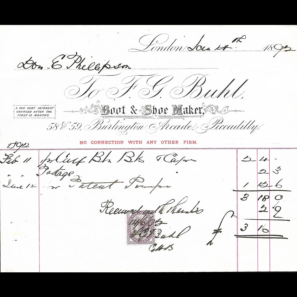 F. G. Buhl - Facture de la maison de chaussures, 58 & 59 Burlington Arcade, London (1892)