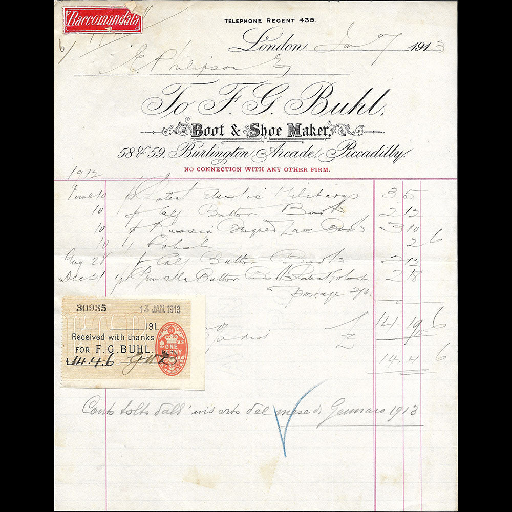 F. G. Buhl - Facture de la maison de chaussures, 58 & 59 Burlington Arcade, London (1913)