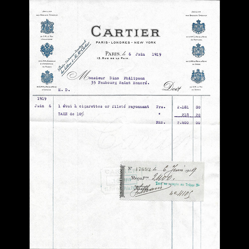 Cartier - Facture de la maison de joaillerie, 13 rue de la Paix  Pari