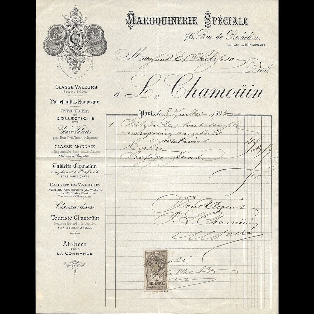Chamouin - Facture de la maison de maroquinerie, 76 rue de Richelieu à Paris (1893)