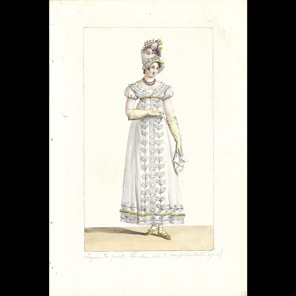 Chapeau de paille, robe brodée à jour - Dessin pour un périodique de mode (1800-1810s)