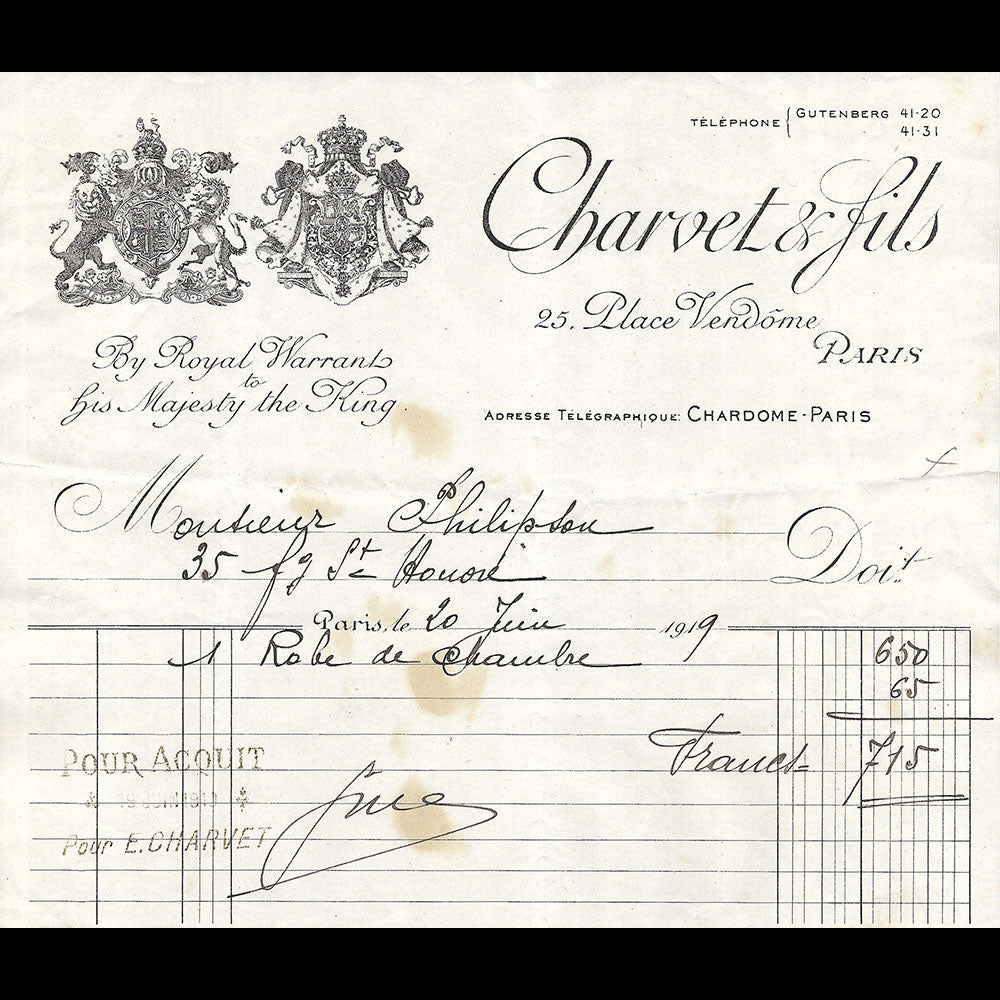 Charvet & Fils- Facture de la maison de chemises, 25 Place Vendôme à Paris (1919)