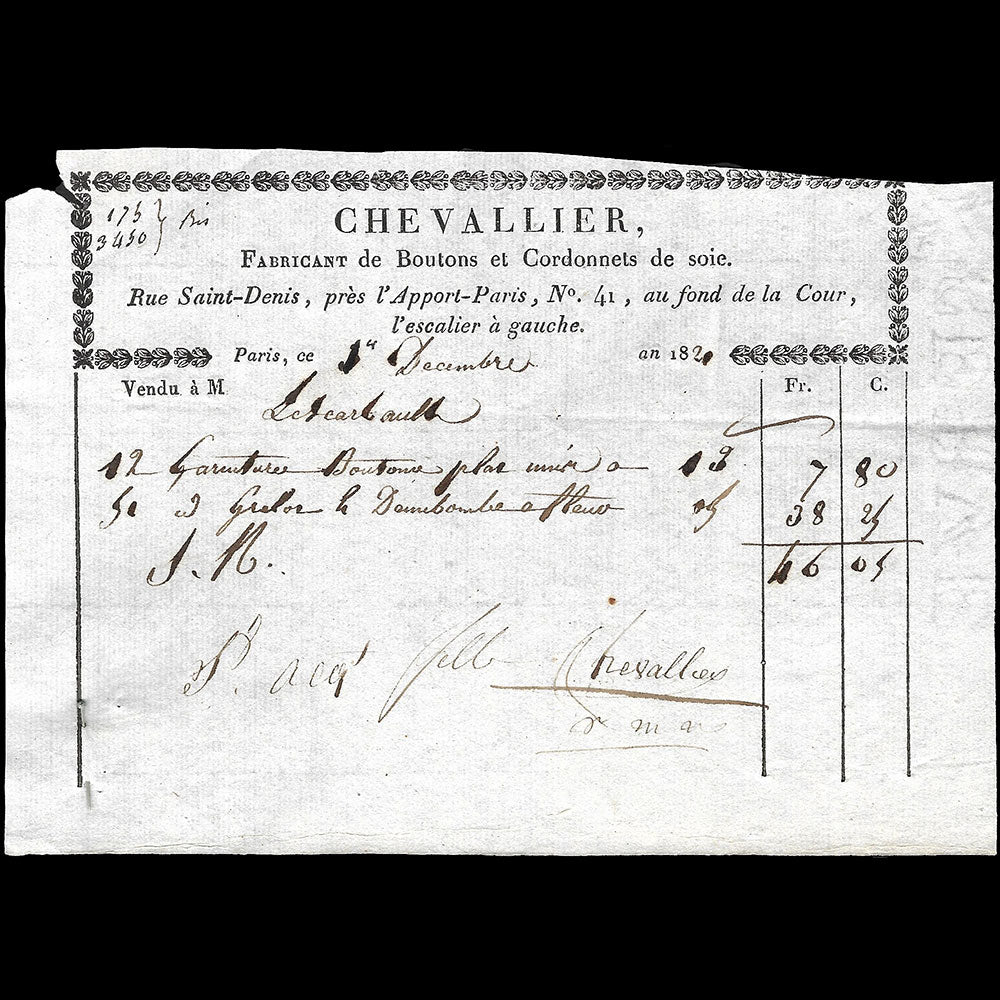 Chevallier - Facture du fabricant de boutons, 41 rue Saint-Denis à Paris (1821)