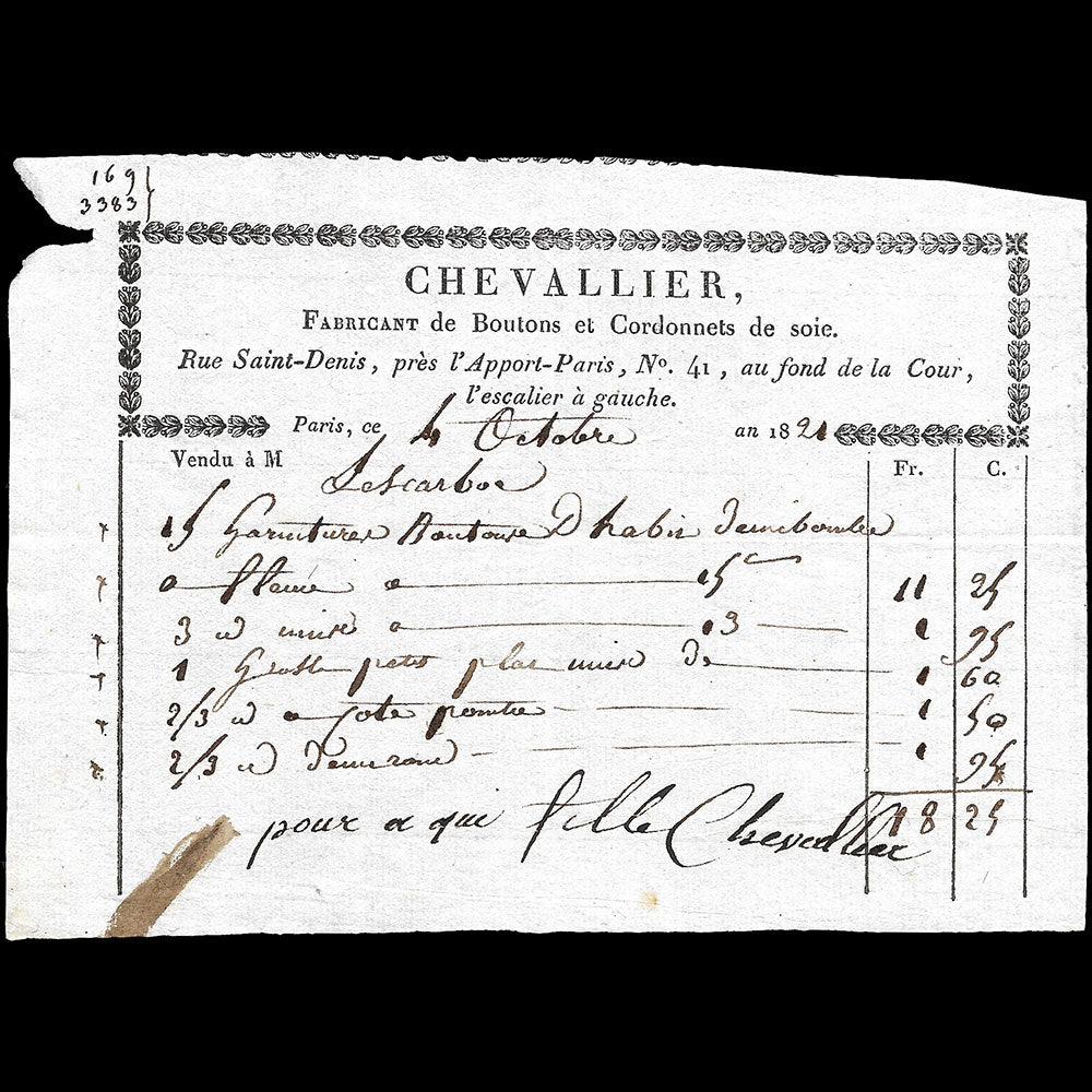Chevallier - Facture du fabricant de boutons, 41 rue Saint-Denis à Paris (1821)
