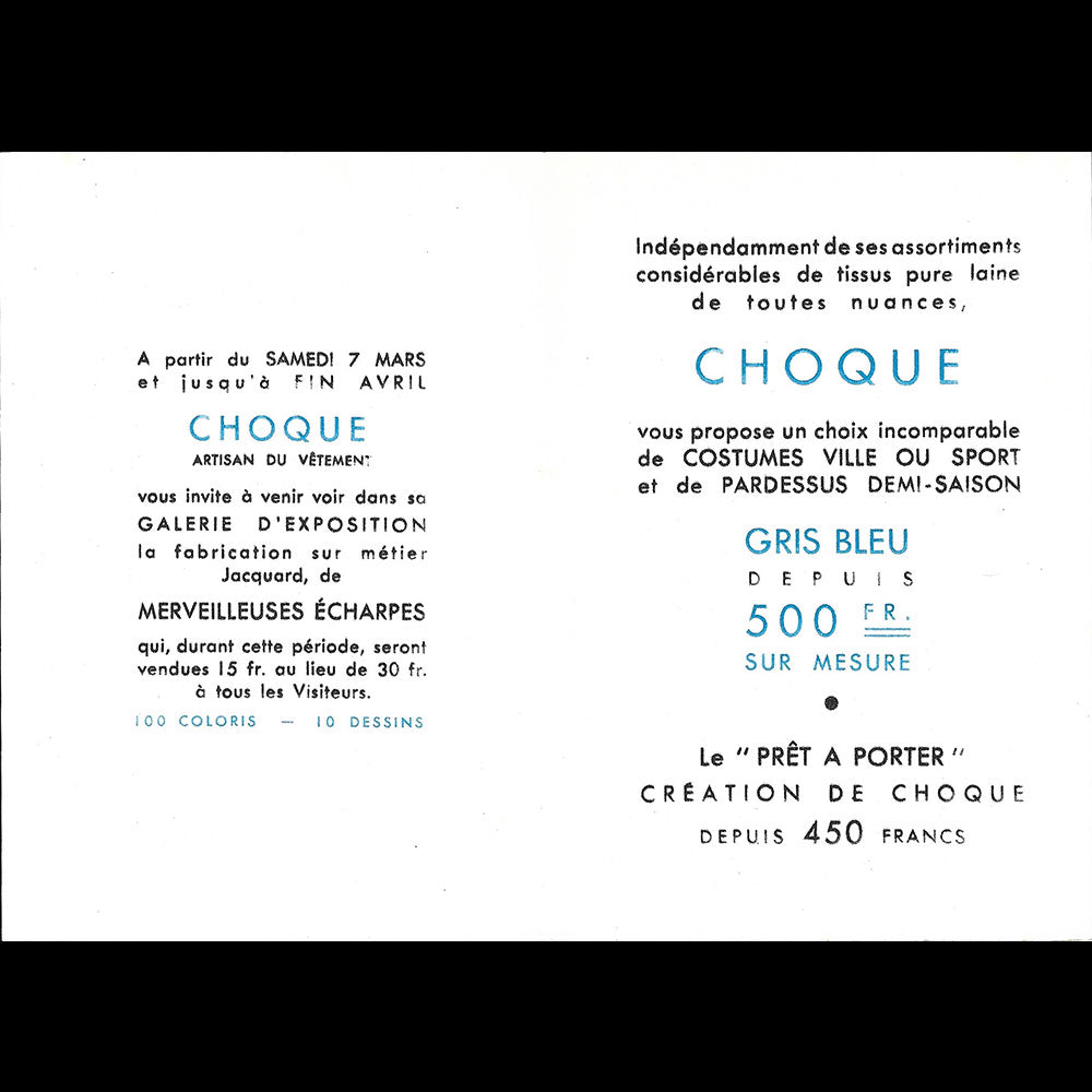 Choque - Le Gris Bleu, carte du magasin, rue Auber à Paris (1936)