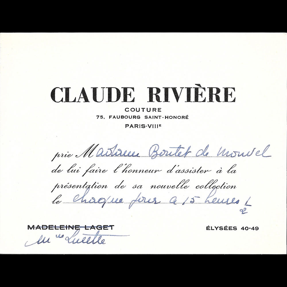 Claude Riviere - Carte de la maison de couture, 75 Faubourg Saint-Honoré à Paris (1950s)