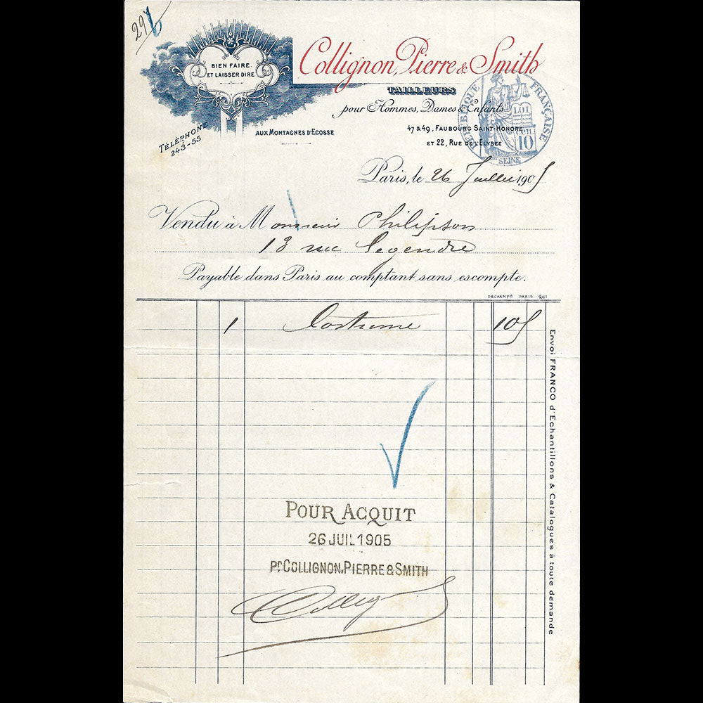 Collignon Pierre & Smith - Facture du tailleur, Aux Montagnes d'Ecosse, 47-49 rue du Faubourg Saint-Honoré à Paris (1905)