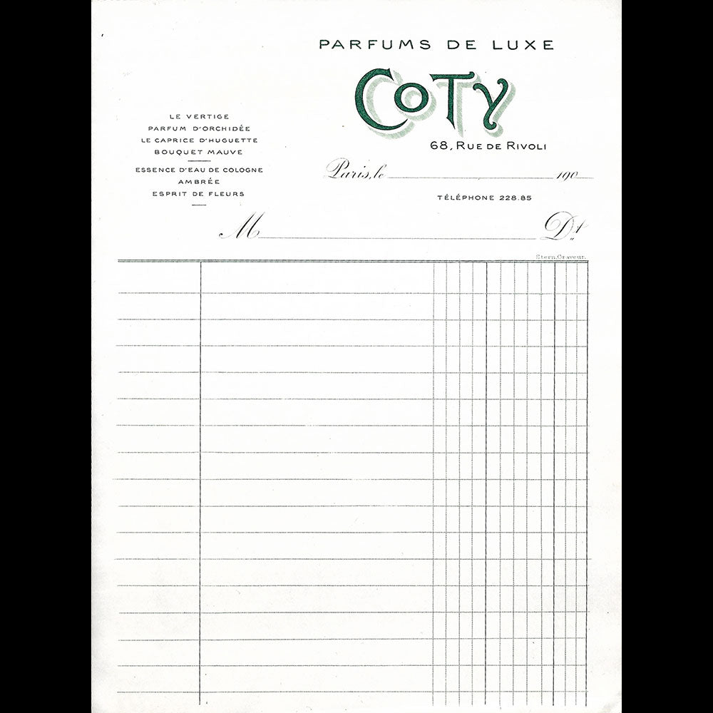 Coty - Facture de la maison de parfums de luxe, 68 Rue de Rivoli à Paris (1900s)